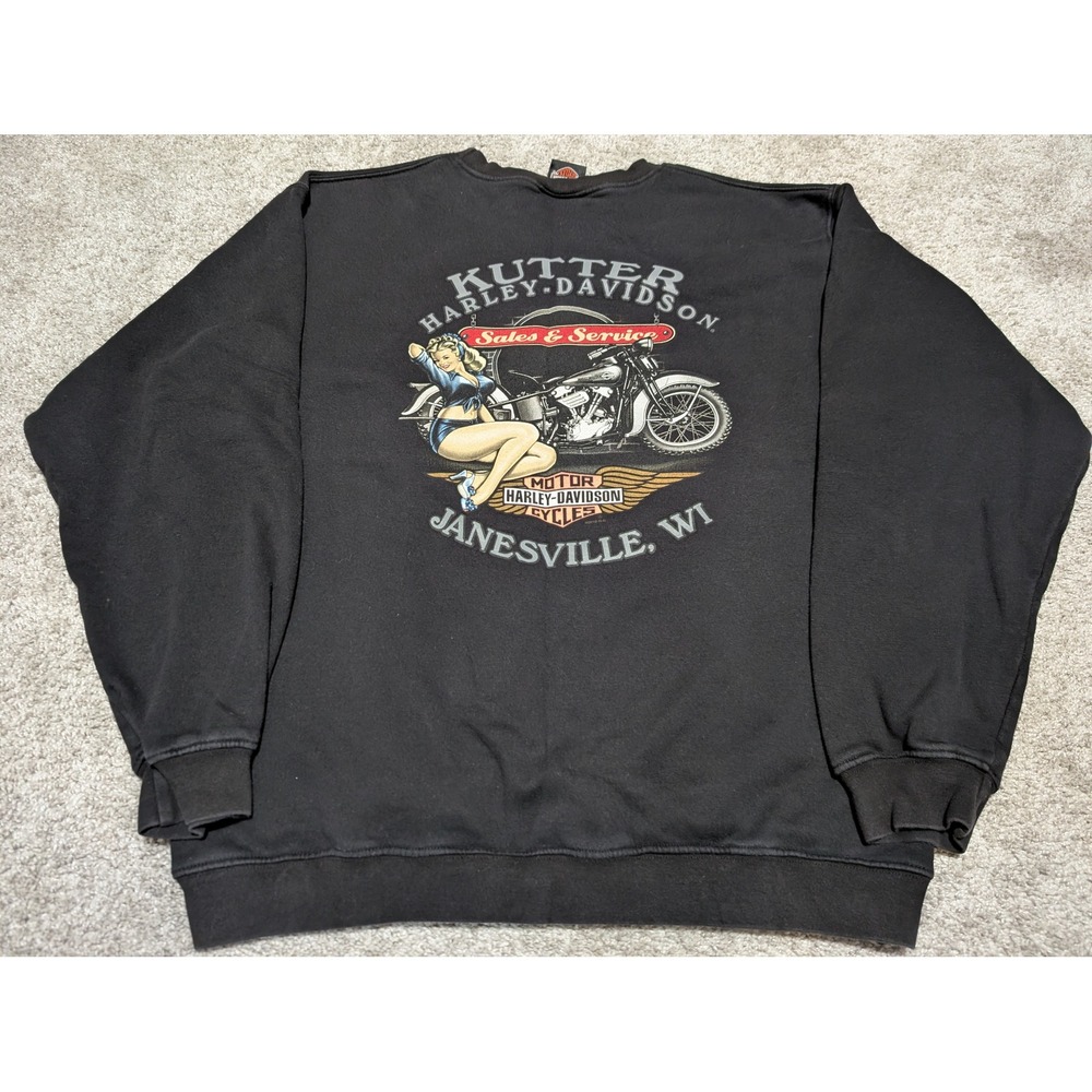 Harley-Davidson Sweatshirt Mens L Black Kutter HD Pinup Girl Graphic Biker VTG